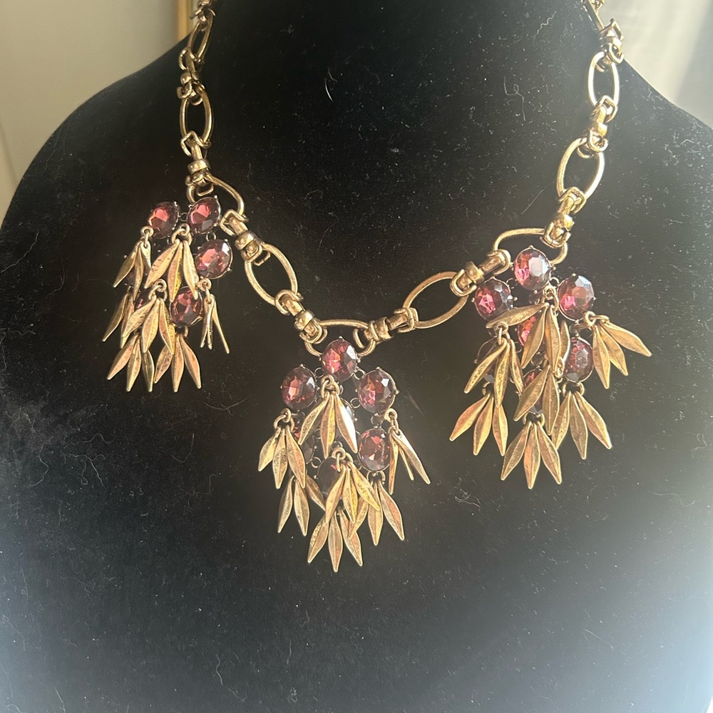 J. Crew Gold-Tone Leaf Cluster Necklace with Garnet colored Stones